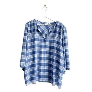 Reitmans Women's Plaid Split Neck Quarter Sleeve Relaxed Fit Top Blue Size 3X